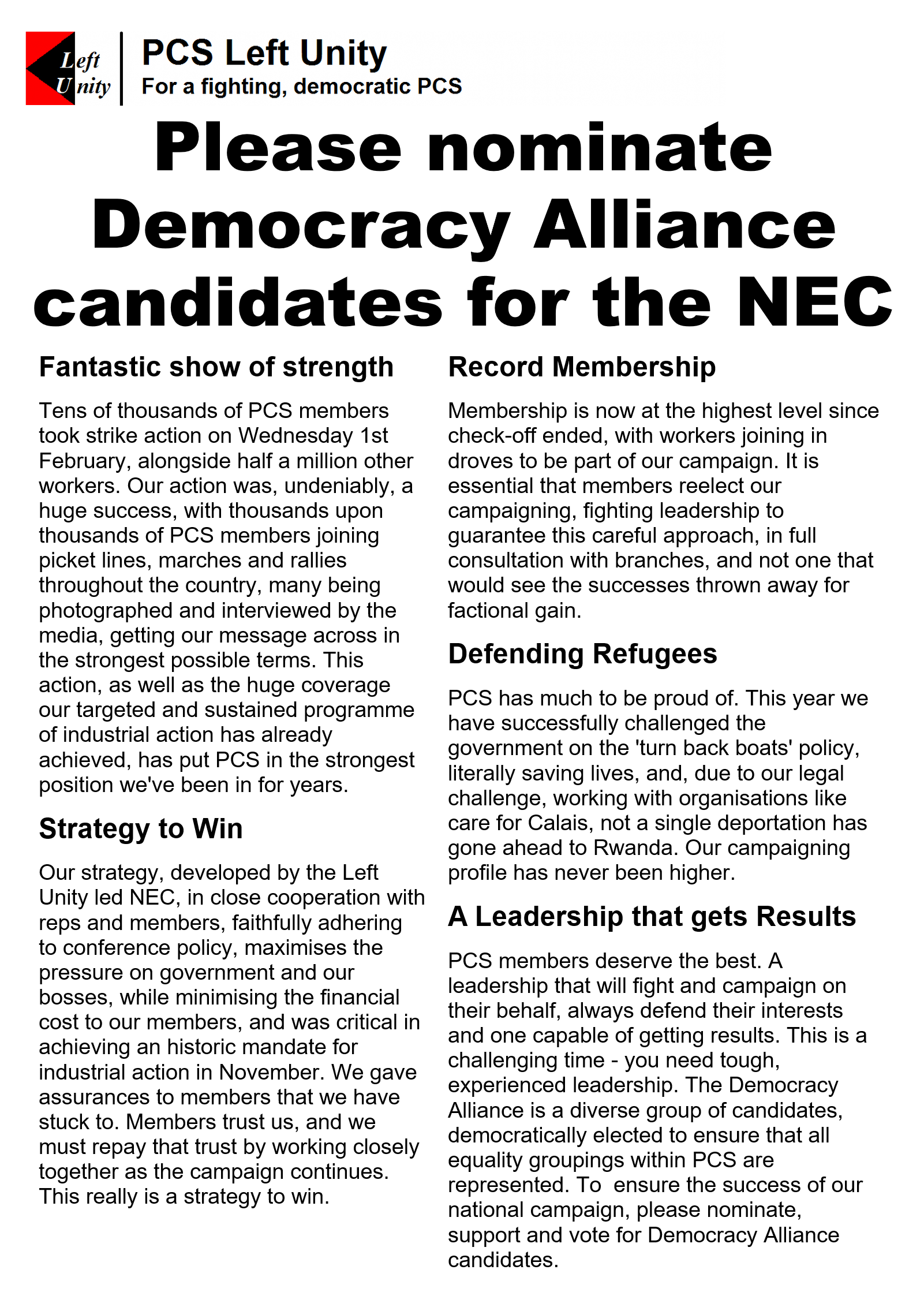 Democracy Alliance NEC nominees 2023 PCS Left Unity